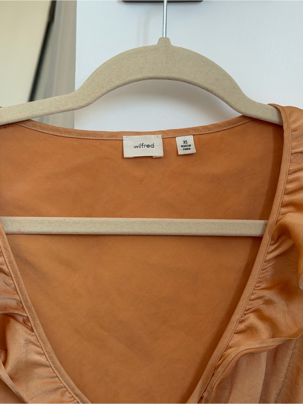 Aritzia Tonka Satin Tie-Front Ruffle Blouse - Amber - Picture 3 of 3